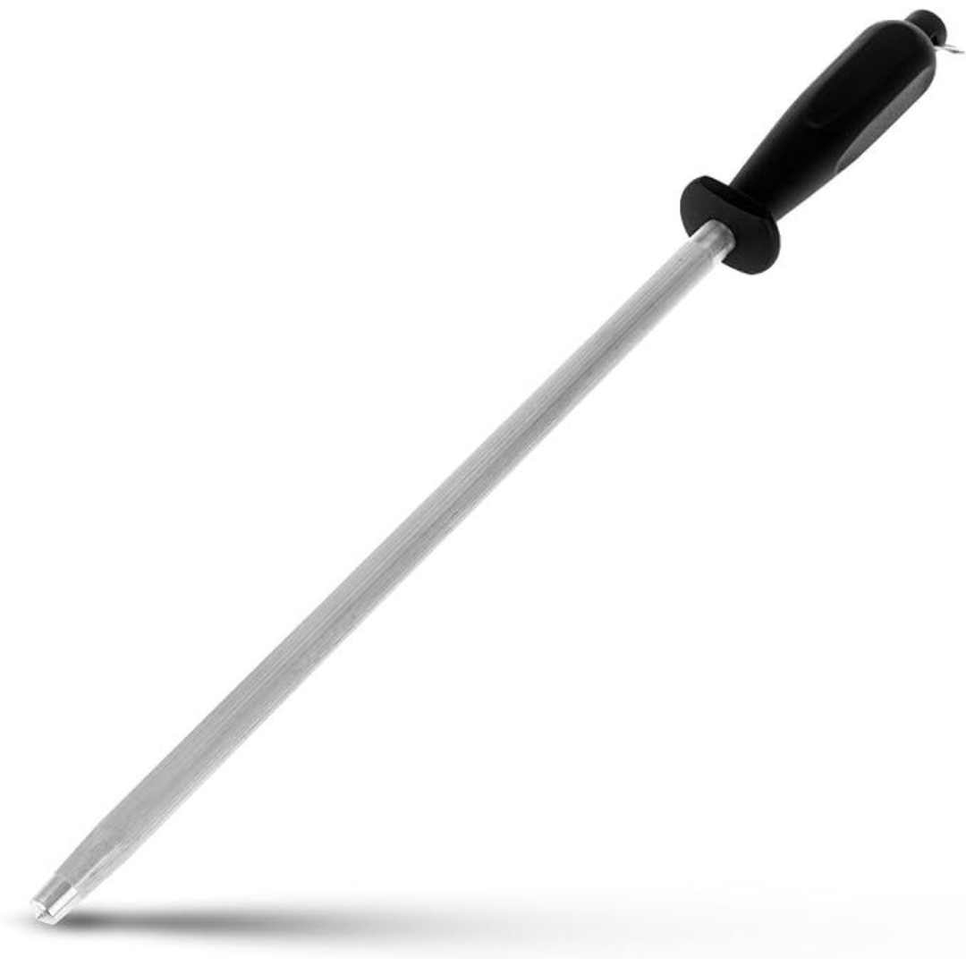 Close-up of a long steel honing rod with a black plastic handle. The rod is slender and cylindrical, with a slightly tex