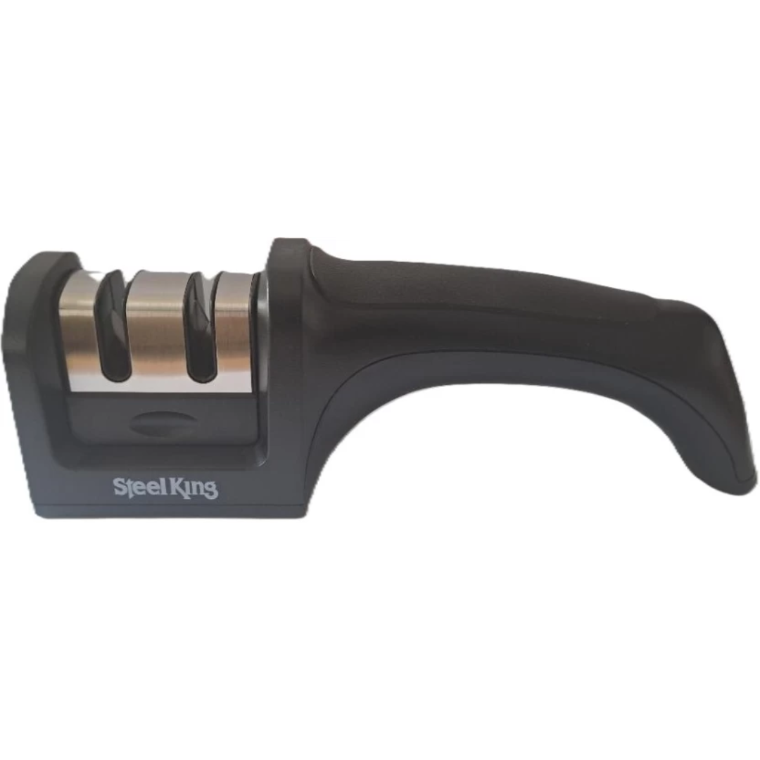 Black manual knife sharpener with ergonomic handle and three sharpening slots.