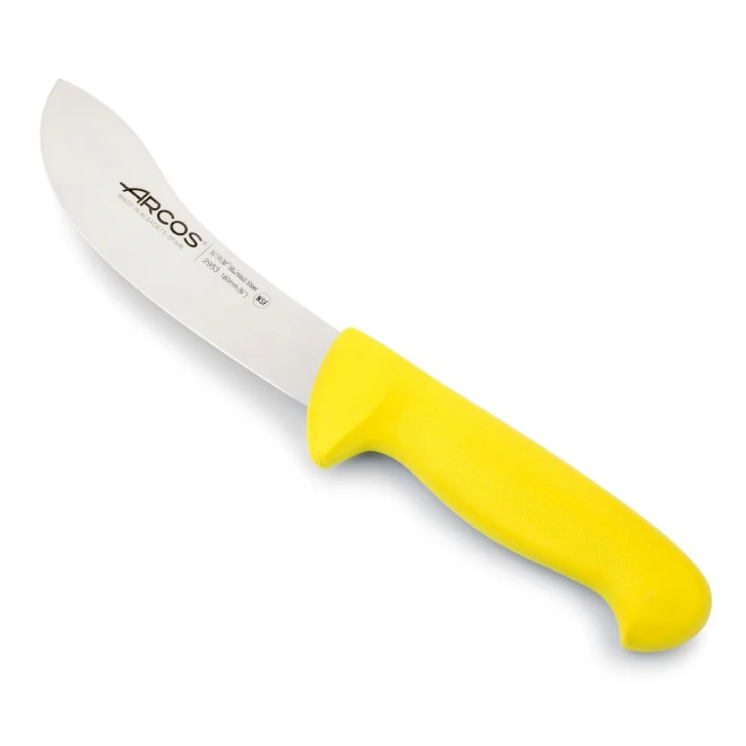 Close-up of a butcher knife with a yellow handle and a curved blade. The blade is stainless steel and the handle is ergo