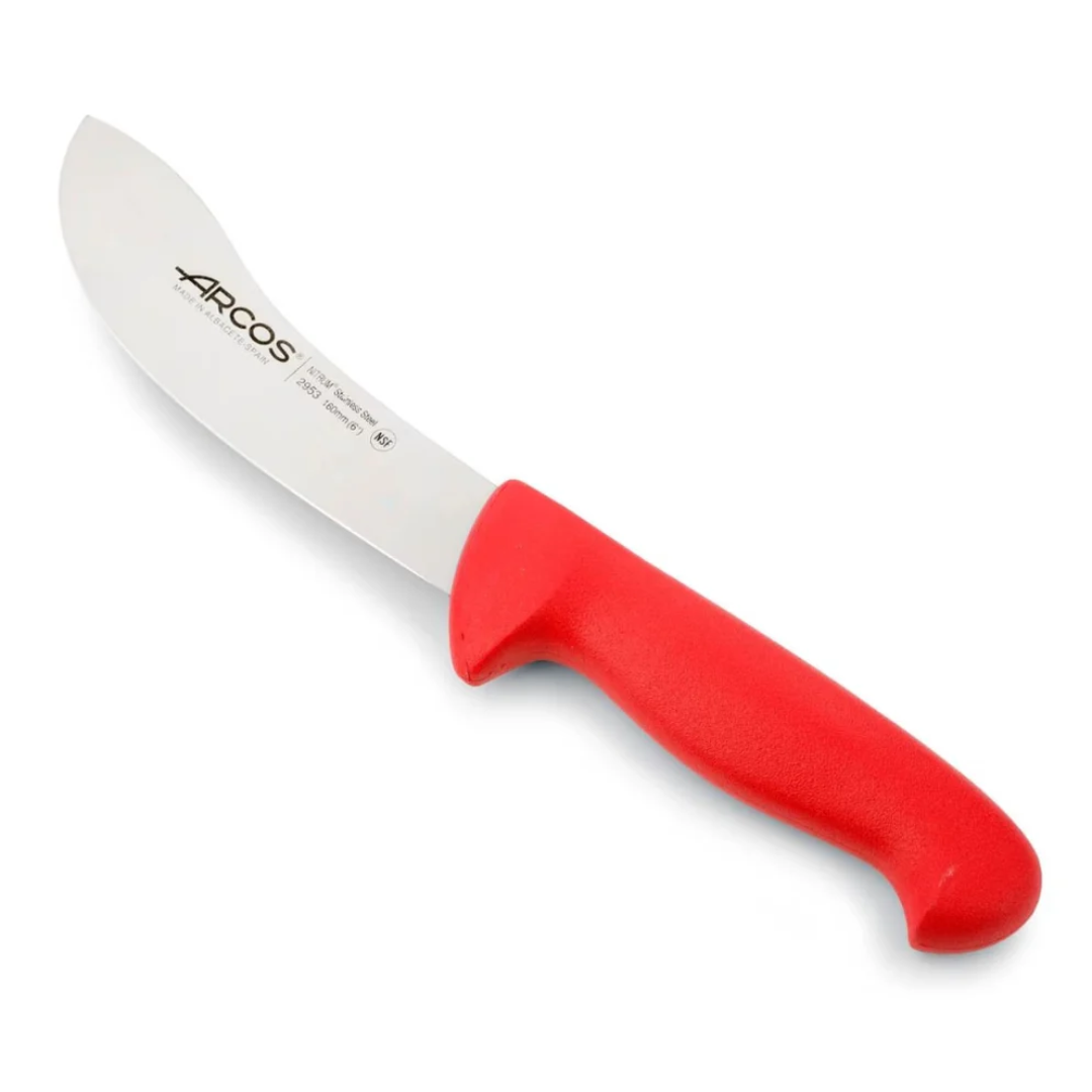 Red-handled butcher knife with curved blade, made of NITRUM stainless steel, 160mm (6") long. NSF certified.