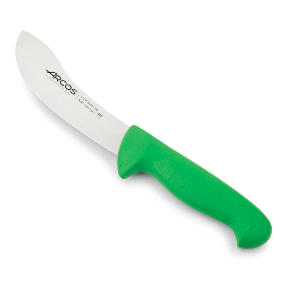 Green-handled butcher knife with a curved blade. Made of NITRUM stainless steel, 160mm (6"). NSF certified.