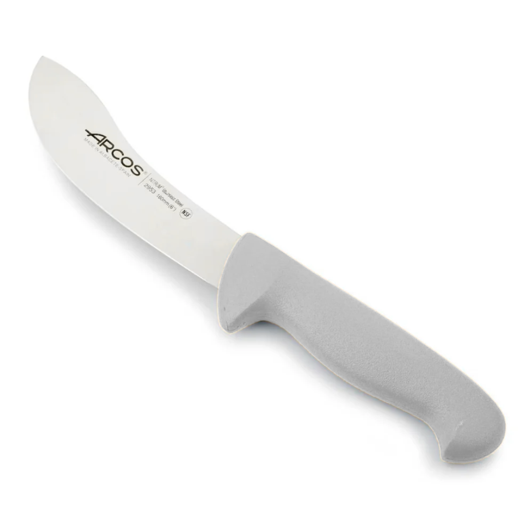 Close-up of a grey-handled butcher knife with a curved blade. The blade is stainless steel and the handle is made of a c