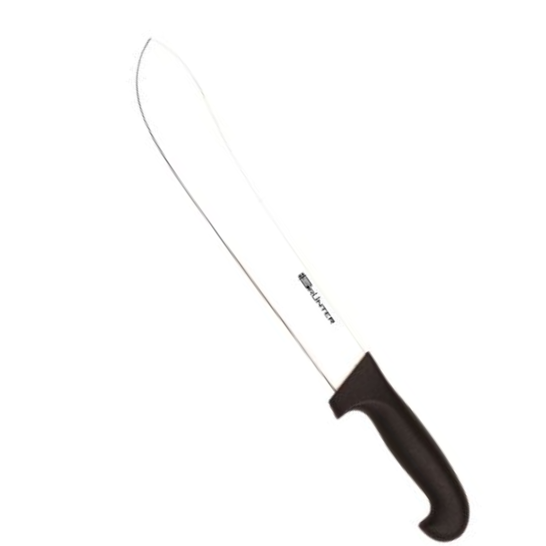 Long serrated butcher knife with a black handle. The blade is long and curved, with a serrated edge.