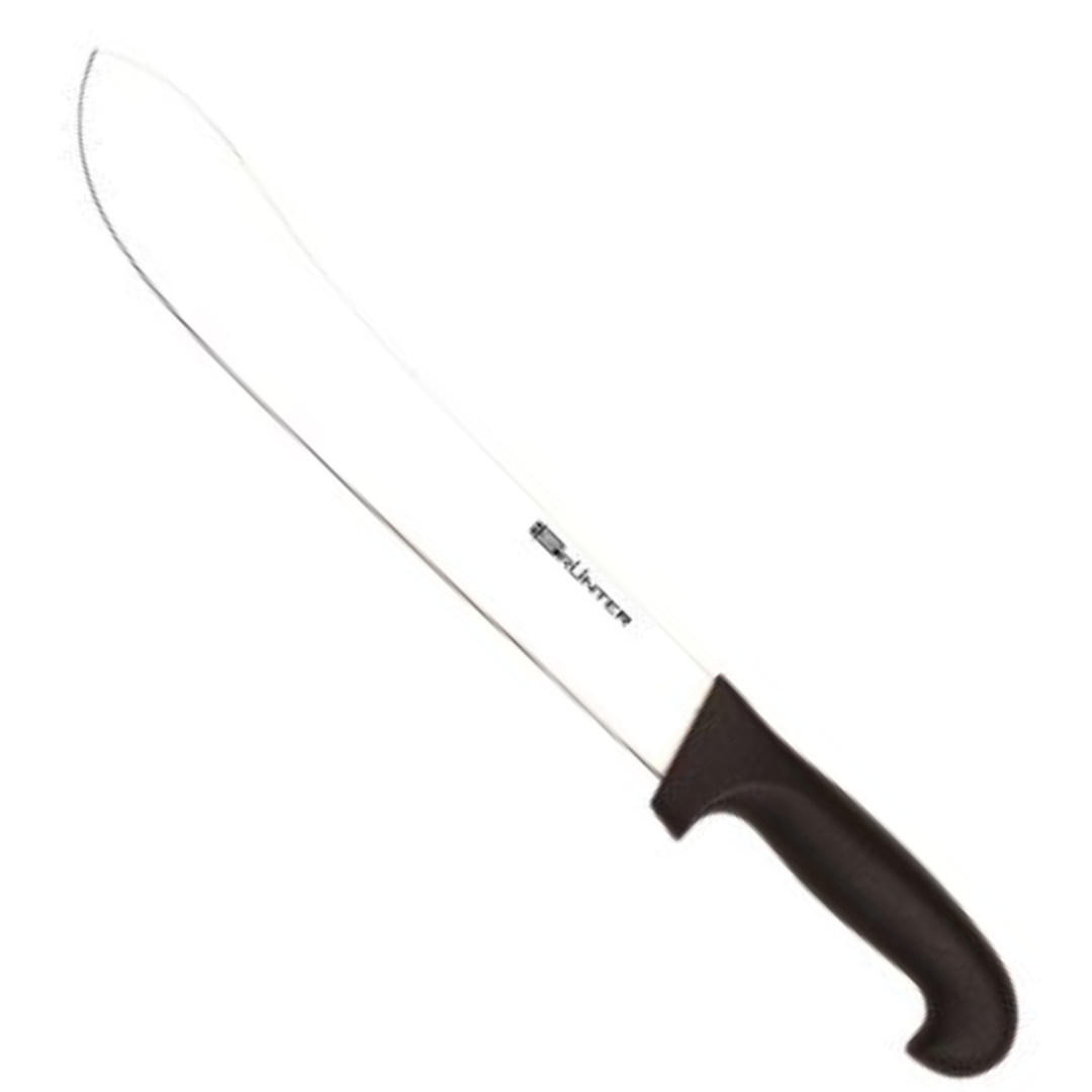 Long butcher knife with a black handle and a stainless steel blade.