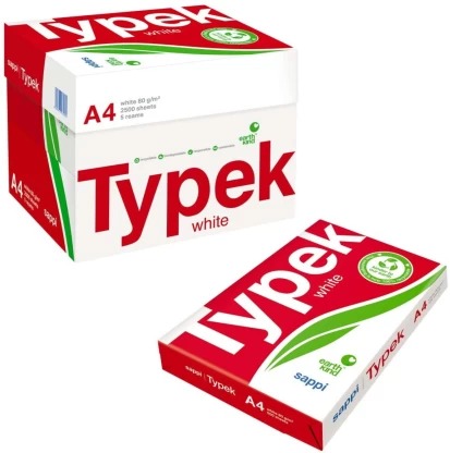 A4 white paper ream and box. 2500 sheets, 80 gsm. Eco-friendly packaging.