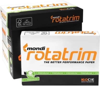 Ream of Mondi Rotatrim paper, 160 CIE whiteness, premium quality, FSC certified. The packaging is black and orange.